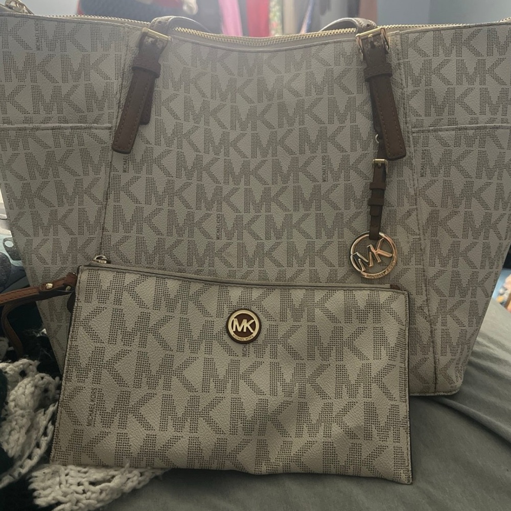 Michael Kors Monogrammed Gray Tote and Pouch